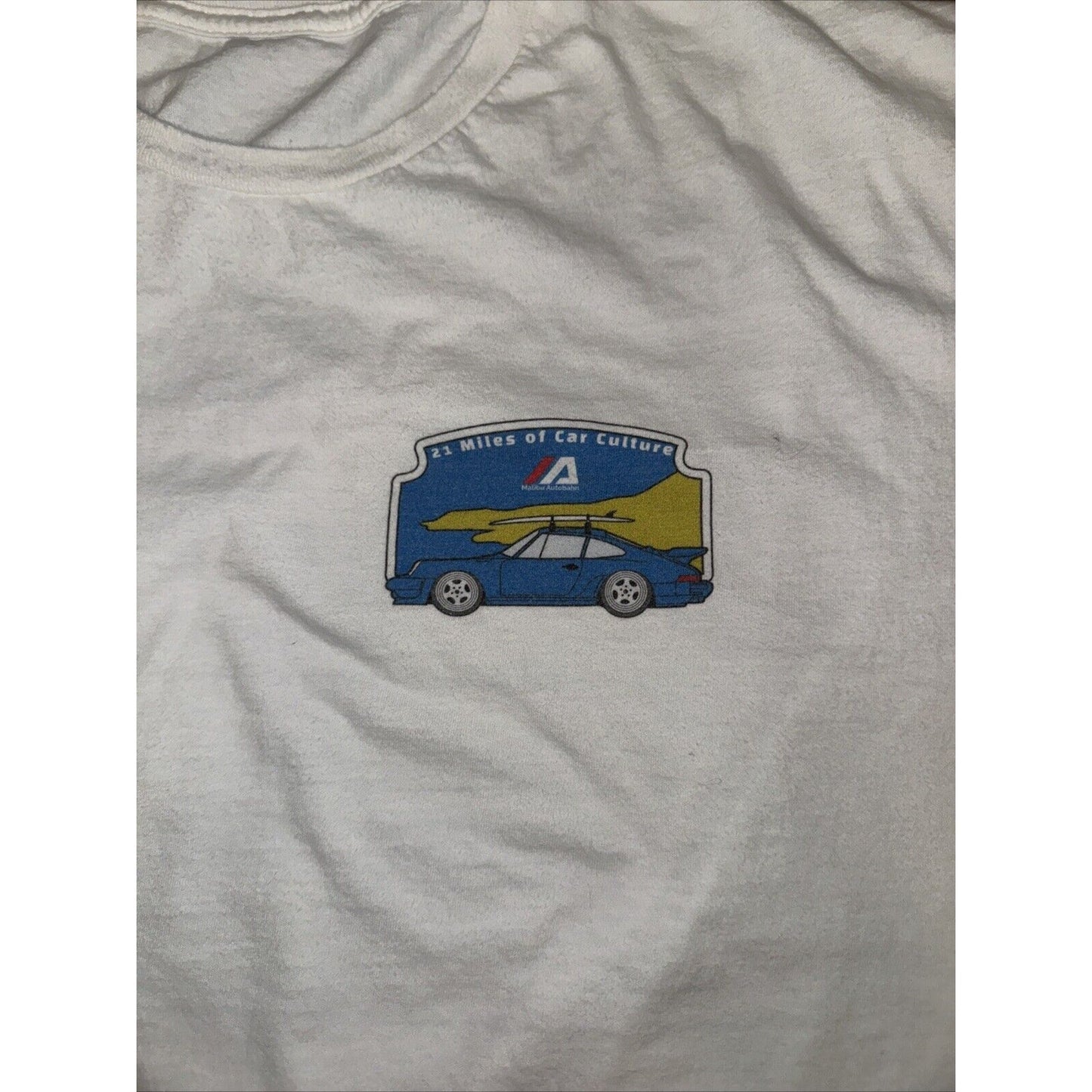 Malibu Car Week T-Shirt Porsche Surfing 23x28 Measured XL Cut Tag White